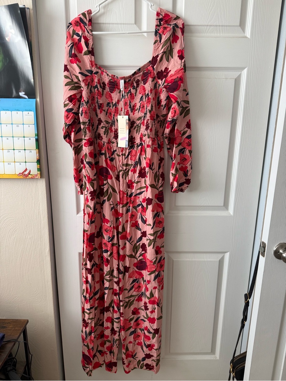 Smocked Square-Neck Floral Jumpsuit in Pink and Red